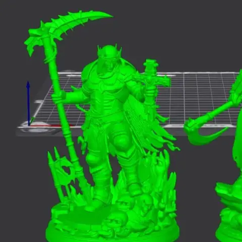 A detailed 3D model of a warrior with a scythe and cross, standing on a base adorned with skulls and flames.