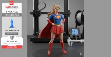 A 3D print model of a superheroine in a blue and red costume, standing confidently with hands on hips.