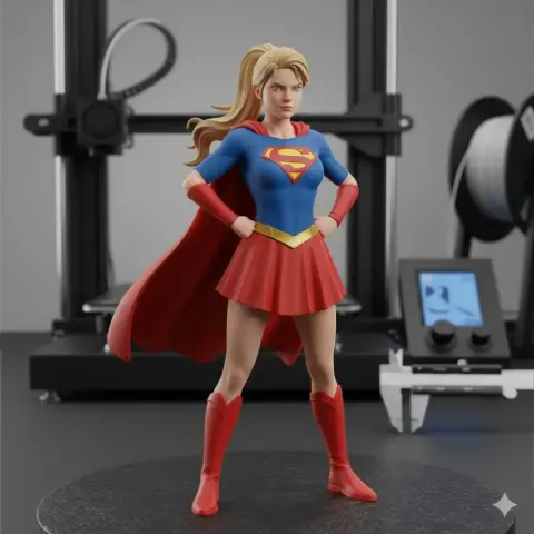 A 3D-printed model of a superhero in a blue and red costume with a cape, posing confidently.