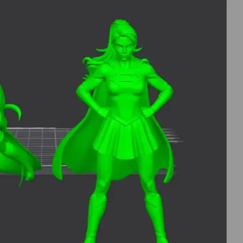 A 3D-printed model of a superhero in a blue and red costume with a cape, posing confidently.