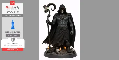 Hooded skeletal figure in a robe with a ram-headed staff, standing on a base with skulls and flames.