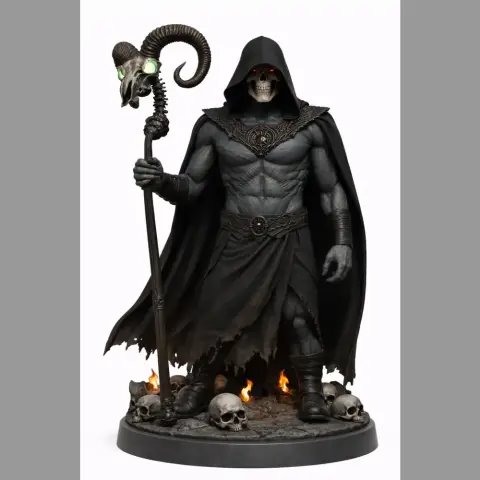 A cloaked skeleton warrior with ram staff, standing on a base with skulls and flames, in a menacing pose.