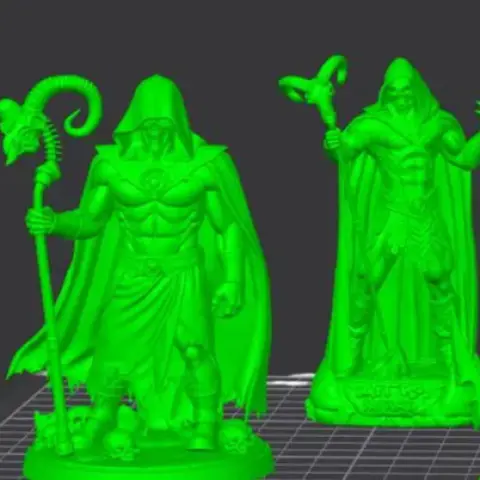 A cloaked skeleton warrior with ram staff, standing on a base with skulls and flames, in a menacing pose.