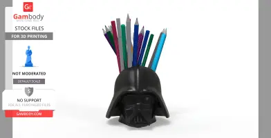 Black helmet-shaped pencil holder with various colored pencils inside.