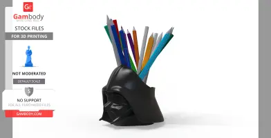 Black helmet-shaped pencil holder with various colored pencils inside.
