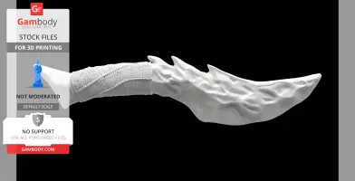 A white, curved tribal knife with a textured handle and wavy blade; 3D printable model.