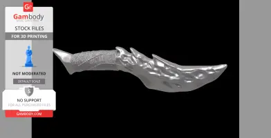 Curved fantasy knife with tribal design, textured handle, and wavy blade for 3D printing.
