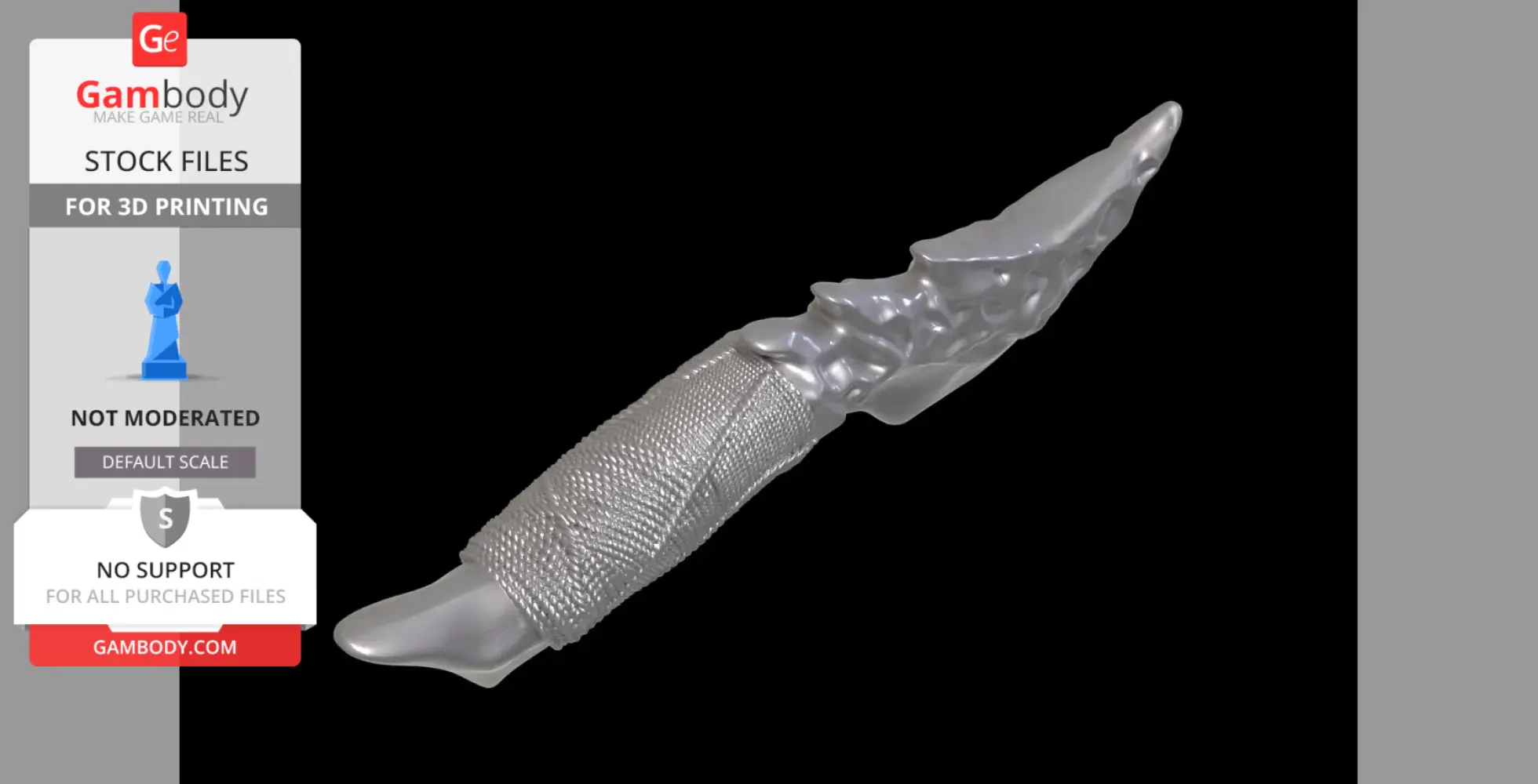 A detailed 3D model of a fantasy curved tribal knife with a textured handle.
