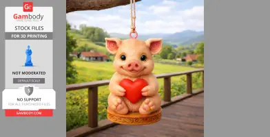 A cute pig ornament pendant holding a red heart, hanging outdoors.