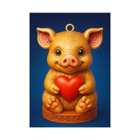 Cute pig ornament holding a red heart, designed as a 3D printable pendant.