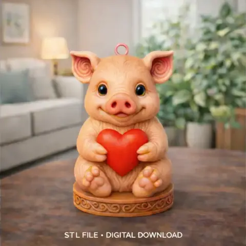 Cute pig ornament holding a red heart, designed as a 3D printable pendant.