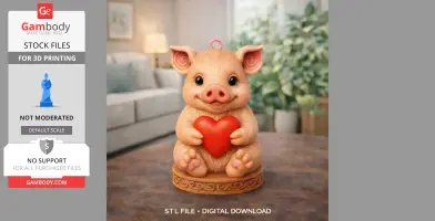A cute pig ornament holding a red heart, designed as a pendant for 3D printing.