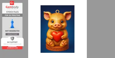 Cute pig ornament 3D model holding a red heart, with a pendant loop on top.