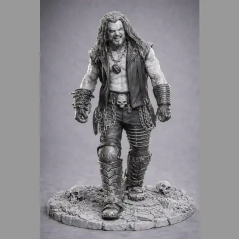 A muscular figure with long hair and chains, standing on a rocky base with skulls.