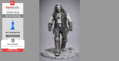 A detailed 3D model of a muscular character with long hair, chains, and skulls, ready for 3D printing.
