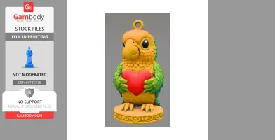A colorful parrot pendant holding a red heart, designed for 3D printing, with a loop for hanging.