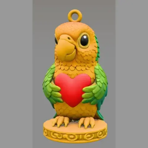 A colorful parrot pendant holding a red heart, designed for 3D printing.