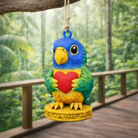 A colorful parrot pendant holding a red heart, designed for 3D printing.