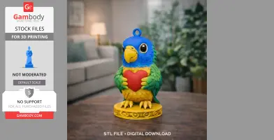 A colorful parrot figurine holding a red heart, set on a decorative base, suitable for 3D printing.