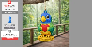 Colorful parrot pendant holding a red heart, perched on a decorative base, with a forest background.