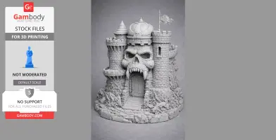 A detailed 3D model of a menacing castle with a skull facade, featuring towers and a flag.