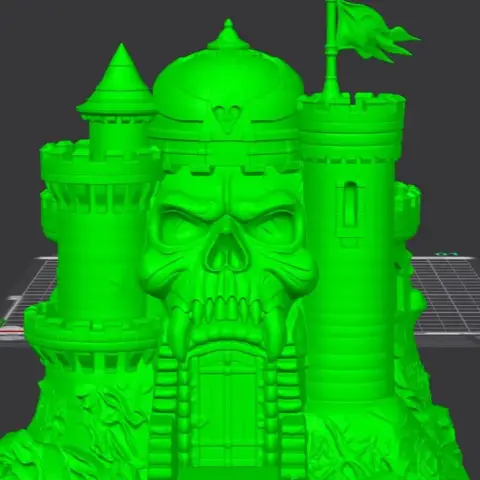 A 3D model of Castle Grayskull featuring a skull façade, towers, and battlements for 3D printing.