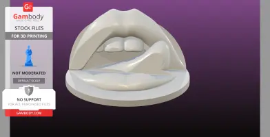 3D model of a mouth-shaped phone stand on a round base.
