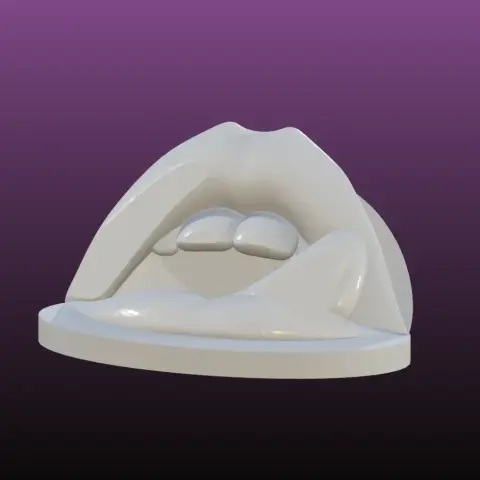 3D model of an open mouth phone stand with lips and teeth on a round base.