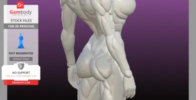 A detailed, muscular cyborg torso and arm sculpture for 3D printing against a purple background.