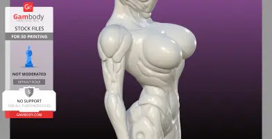 Sleek, muscular cyborg torso with detailed anatomy, angled pose, white glossy surface.