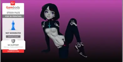 A stylized female android in a seated pose, with short black hair and a futuristic black and white suit.