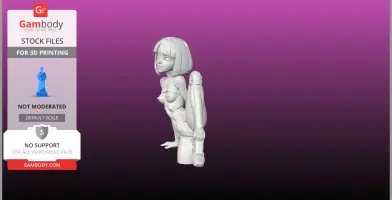 A stylized 3D model of a small humanoid robot with a bob haircut and expressive face, posed in a leaning position.