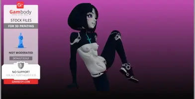A stylized female android character posed with raised knees, featuring futuristic armor and short black hair.