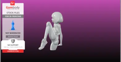 A detailed 3D model of a seated petite humanoid droid with bobbed hair and mechanical limbs.