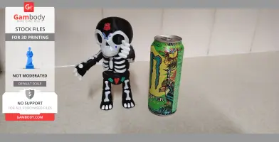 Day of the Dead-style black and white skeleton figure next to a colorful energy drink can.