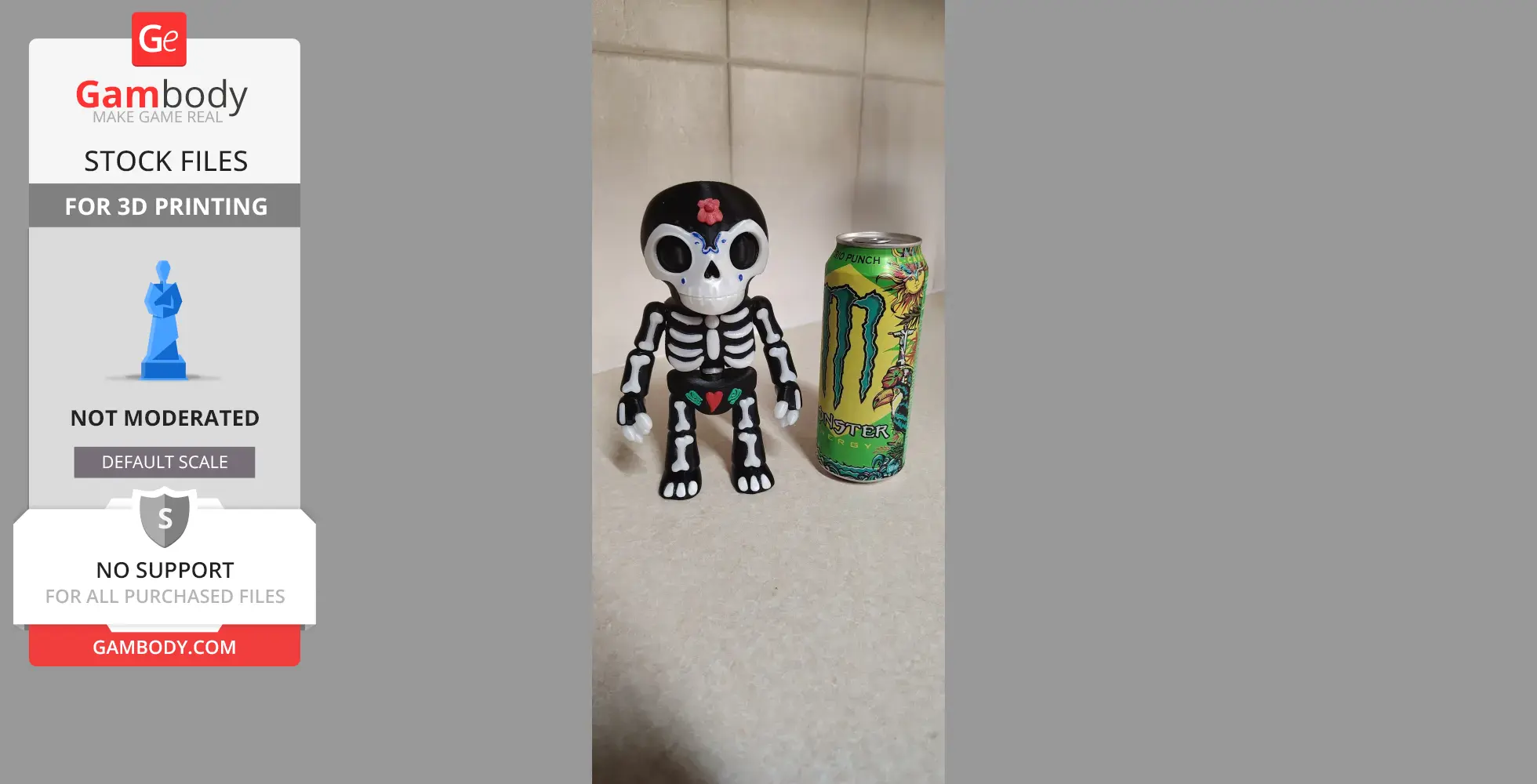 A Day of the Dead themed skeleton toy beside a vibrant energy drink can on a countertop.