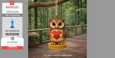 Detailed owl figurine pendant holding a red heart, hanging from a branch, suitable for 3D printing.