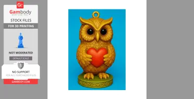 A detailed owl figurine pendant holding a red heart, designed for 3D printing.