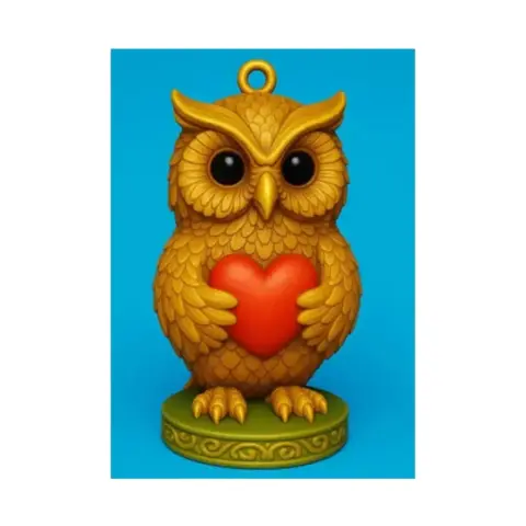 A detailed owl figurine holding a red heart, designed as a pendant for 3D printing.