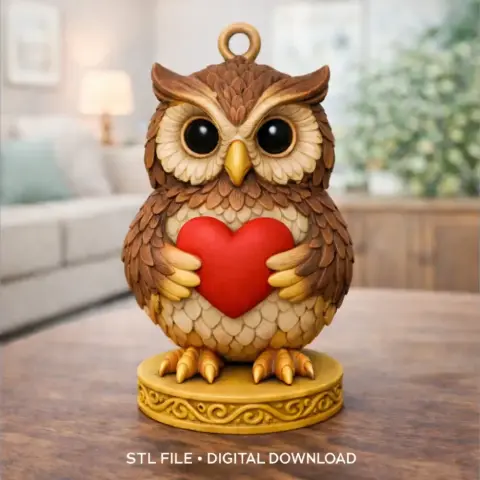 A detailed owl figurine holding a red heart, designed as a pendant for 3D printing.