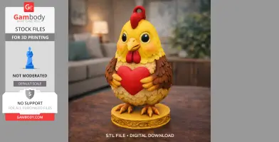 Cute rooster pendant holding a red heart, standing on a decorative base, ready for 3D printing.