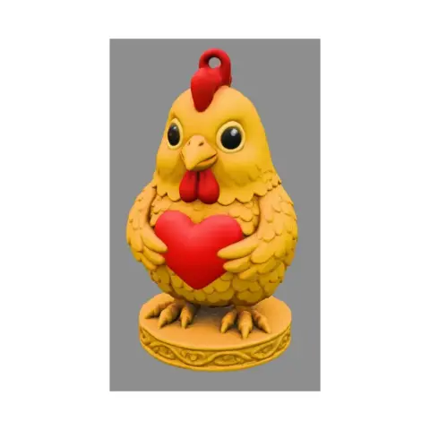 A cute yellow chicken pendant holding a red heart, designed for 3D printing.