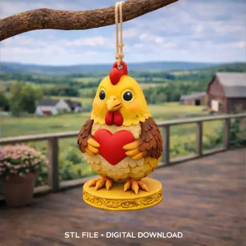 A cute yellow chicken pendant holding a red heart, designed for 3D printing.
