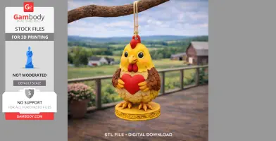 A cute 3D rooster pendant holding a red heart, hanging from a tree branch with a scenic background.