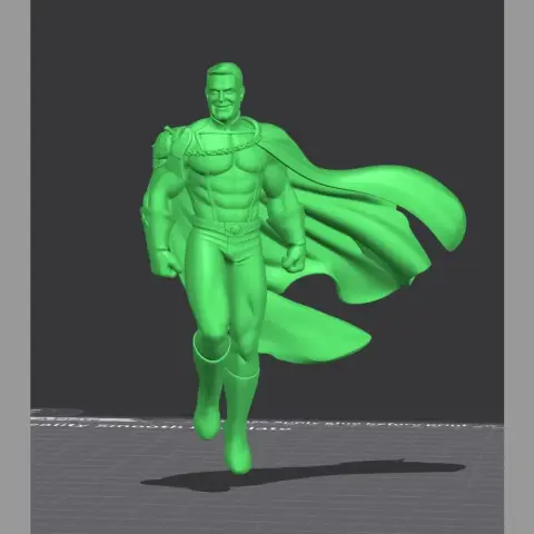 3D model of a flying superhero in a dynamic pose, wearing a cape and boots.