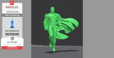 3D model of a superhero figure in a dynamic pose with a cape, designed for 3D printing.