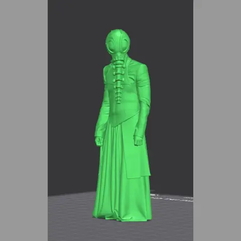 A green 3D model of a robed, masked figure standing with intricate details.