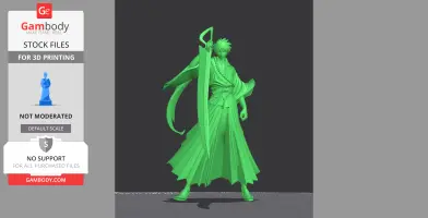 A 3D model of a swordsman in a dynamic pose with a flowing robe and large sword.