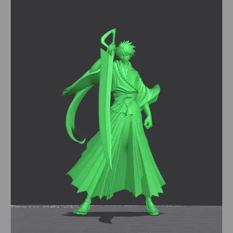 A 3D model of a green warrior with a large sword, wearing flowing garments, posed dynamically.