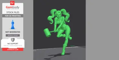 A 3D model of a playful character with pigtails holding a mallet mid-action pose, suitable for 3D printing.